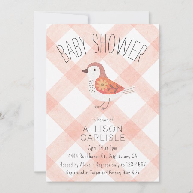 011 Terrakotta Blommig Fågel Gingham Baby Shower Inbjudningar (Framsida)