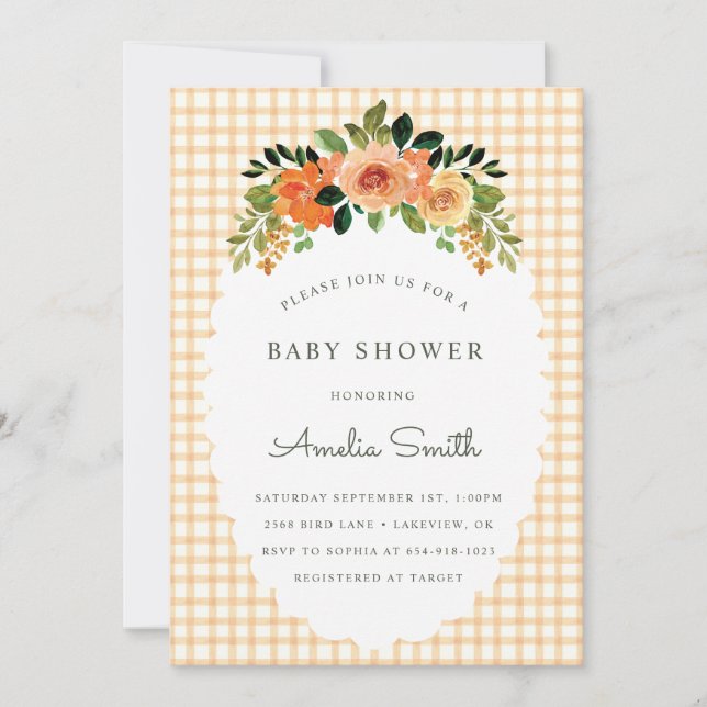 012 Copper Gingham Baby Shower Invitations Inbjudningar (Framsida)