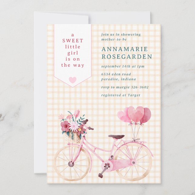 012 Koppar Söt Blommig Flickcykel Baby Shower Inbjudningar (Framsida)