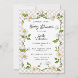 013 Chocolate Brown Floral Daisy Plaid Baby Shower Inbjudningar