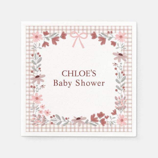 013 Chocolate Brown Wildflower Bow Gingham Shower Pappersservett (Framsidan)