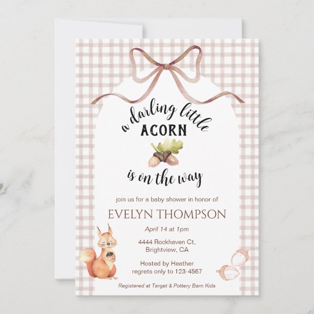 013 Chocolate Squirrel Acorn Gingham Baby Shower Inbjudningar (Framsida)