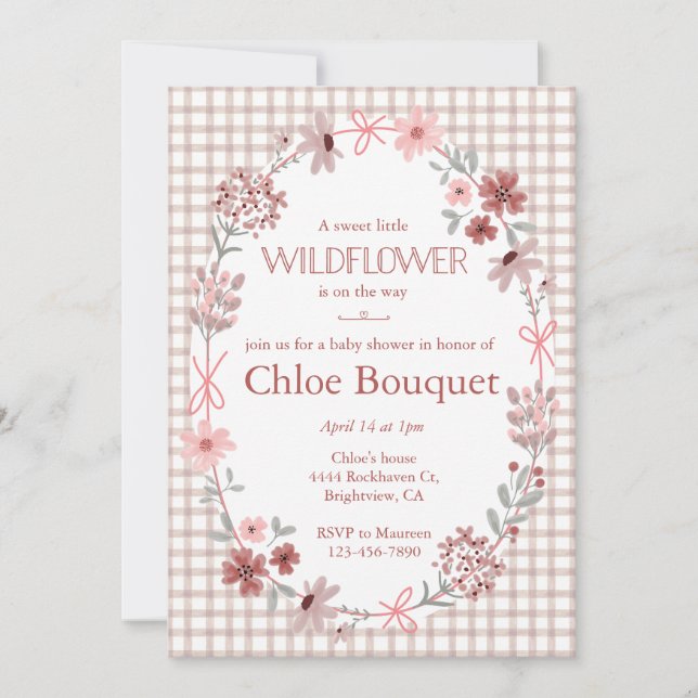 013 Choklad Vildblomma Bow Gingham Barnkalas Inbjudningar (Framsida)