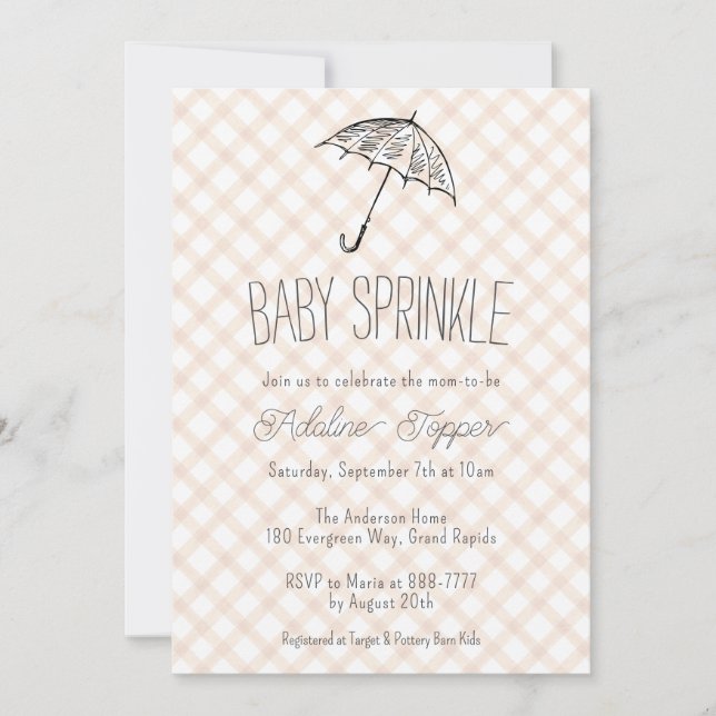 014 Latte Brun Paraply Rutig Baby Sprinkle Inbjudningar (Framsida)