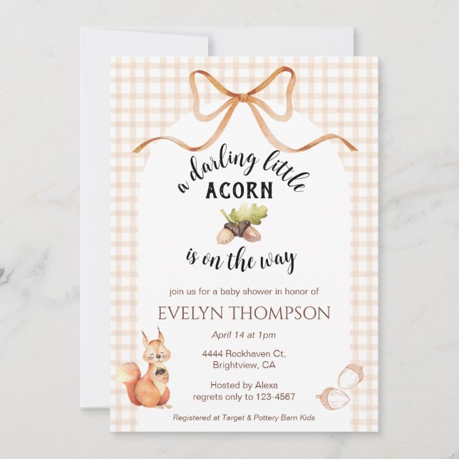 014 Latte Squirrel Acorn Gingham Bow Baby Shower Inbjudningar (Framsida)