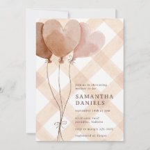 014 Latte Tan Hjärtballong Gingham Bebis Shower