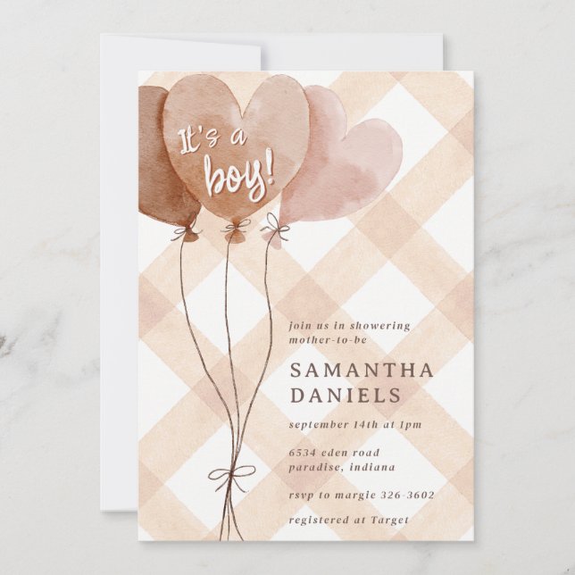 014 Latte Tan Hjärtballong Gingham Bebisdopp Inbjudningar (Framsida)