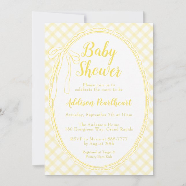 015 Lemon Arv Virkad Gingham Baby Shower Inbjudningar (Framsida)
