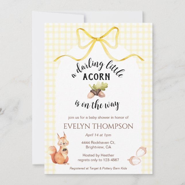 015 Lemon Cute Squirrel Acorn Gingham Barnrumsfira Inbjudningar (Framsida)