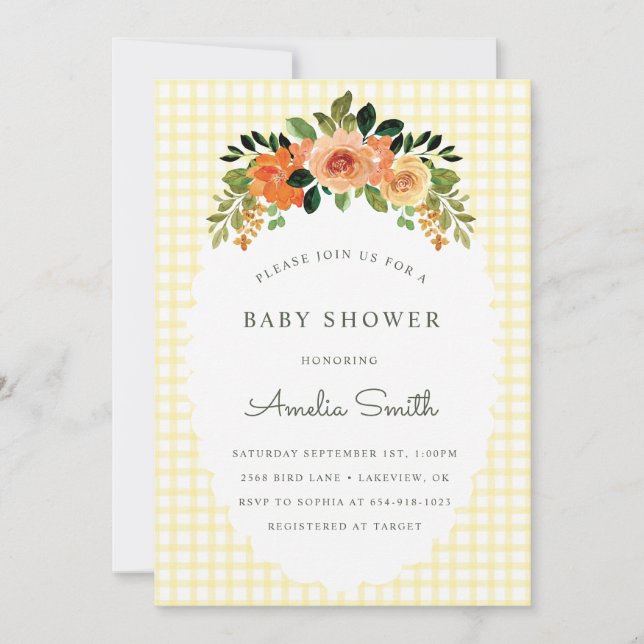 015 Lemon Floral Gingham Baby Shower Invitations Inbjudningar (Framsida)