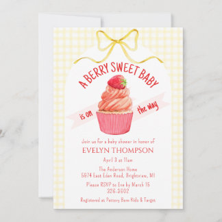 015 Lemon Plaid Berry Sweet Strawberry Baby Shower Inbjudningar