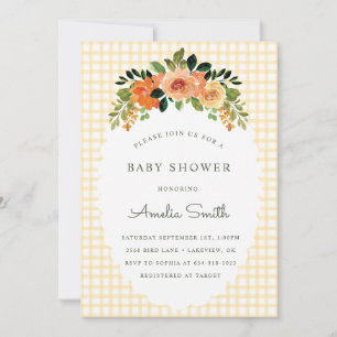 016 Marigold Blommig Rutig Baby Shower Inbjudan