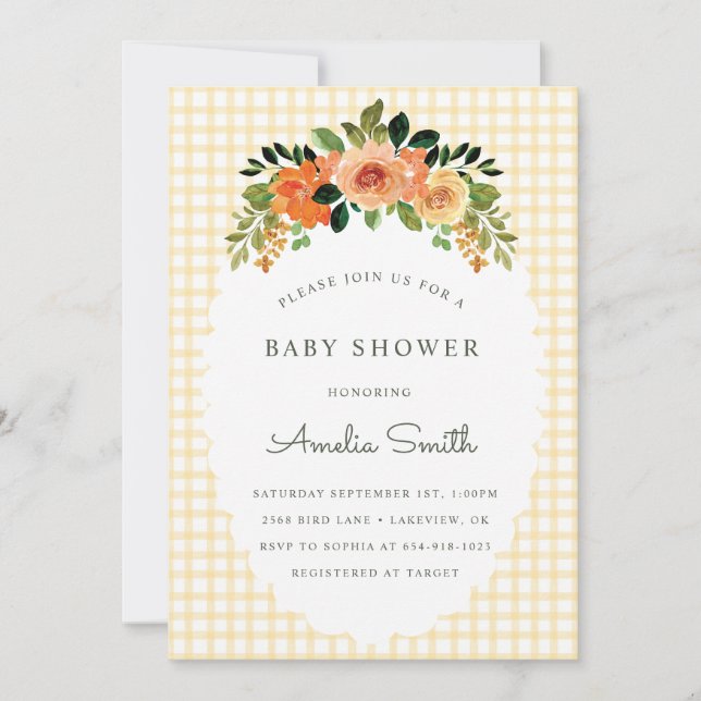 016 Marigold Blommig Rutig Baby Shower Inbjudan (Framsida)