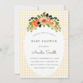 016 Marigold Floral Gingham Baby Shower Invitation Inbjudningar
