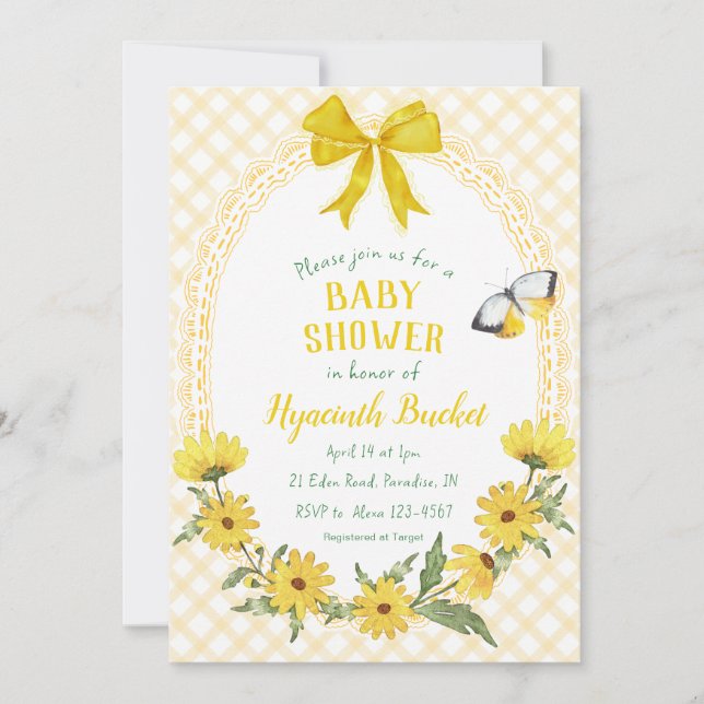 016 Marigold Gul Tusenskönas Band Gingham Barnkala Inbjudningar (Framsida)