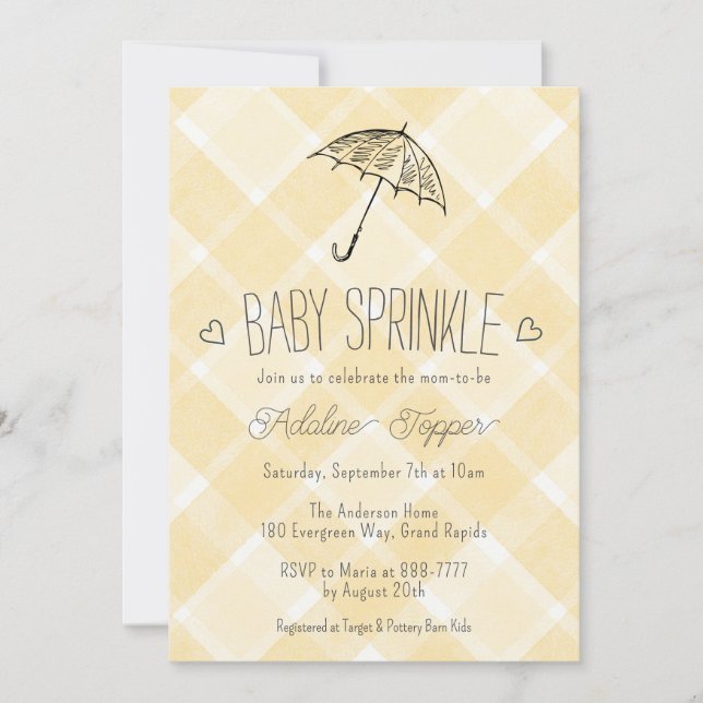 016 Marigold-rutig Paraply Baby Sprinkle Shower Inbjudningar (Framsida)