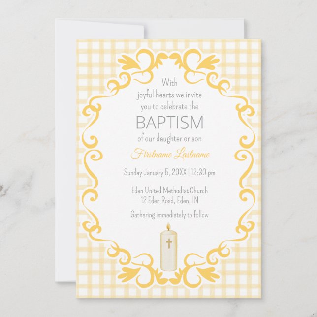 016 Marigold Scroll Gingham Cross Ljus Dop Inbjudningar (Framsida)