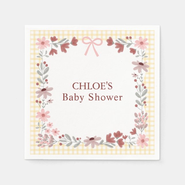 016 Marigold Vildblomma Gingham Baby Shower Pappersservett (Framsidan)