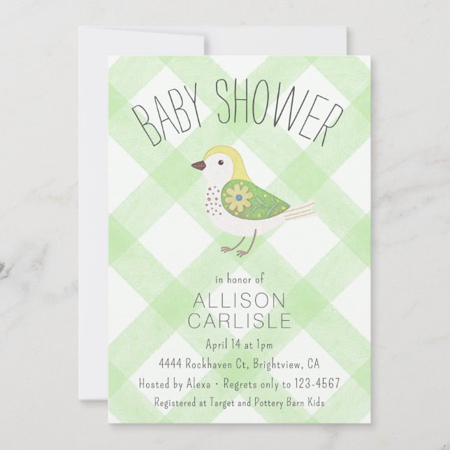 017 Moss Cute Blommig Fågel Rutig Baby Shower Inbjudningar (Framsida)