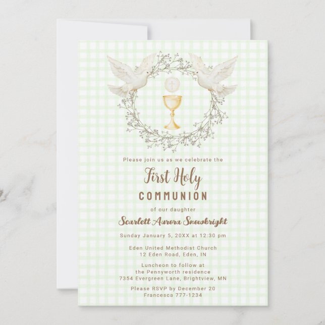 017 Moss Dove & Chalice Gingham Första Kommunion Inbjudningar (Framsida)
