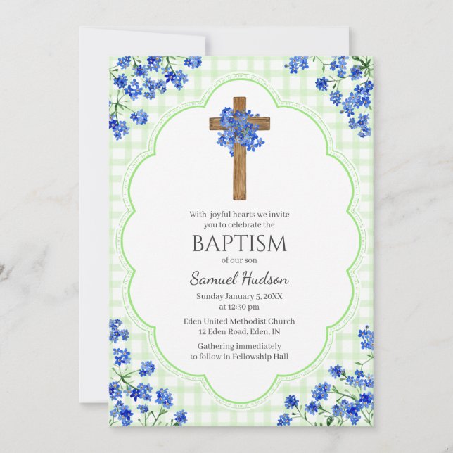 017 Moss Green Blossom Rustic Cross Design Baptism Inbjudningar (Framsida)