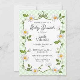 017 Moss Green Floral Daisy Plaid Baby Shower Inbjudningar