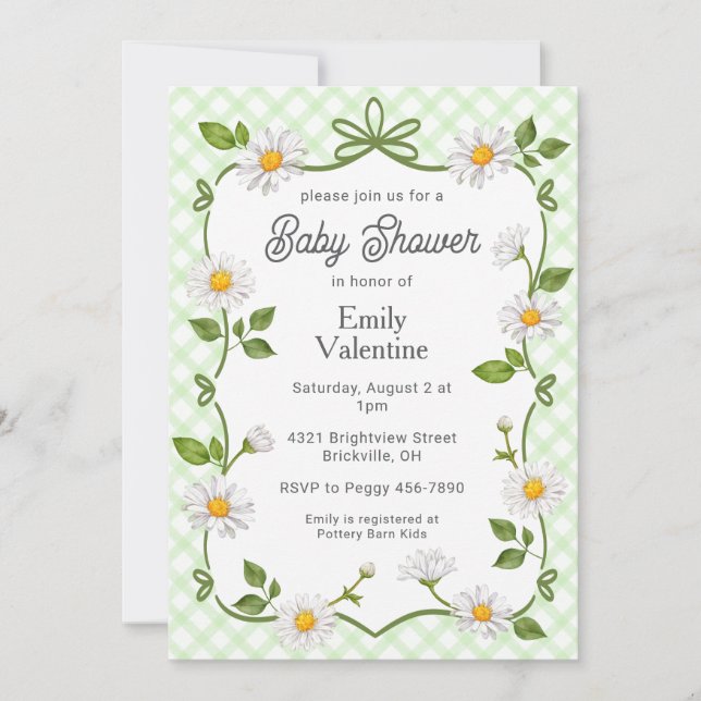 017 Moss Green Floral Daisy Plaid Baby Shower Inbjudningar (Framsida)
