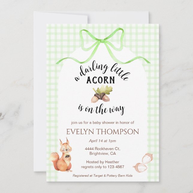 017 Moss Green Squirrel Acorn Gingham Baby Shower Inbjudningar (Framsida)