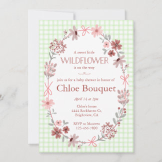 017 Moss Green Wildflower Bow Gingham Baby Shower Inbjudningar