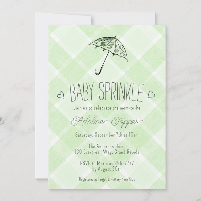017 Moss Grön Karoad Paraply Baby Sprinkle Shower Inbjudningar (Framsida)