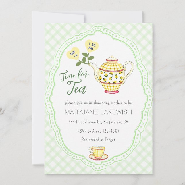 017 Moss Grön Söt Gingham Tekalas Babyshower Inbjudningar (Framsida)