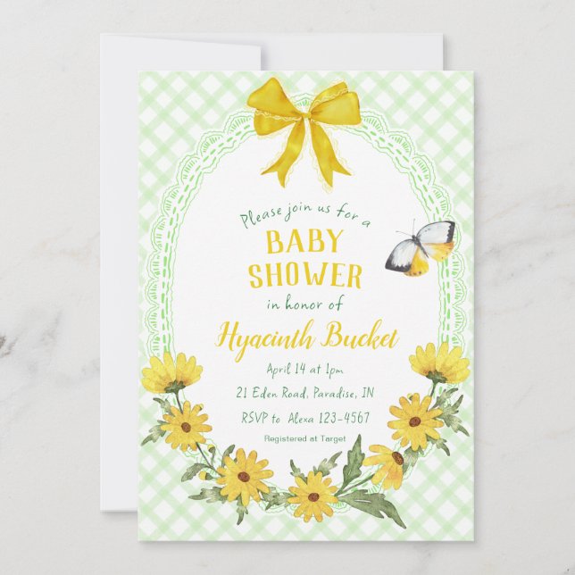 017 Moss Gul Tusenskönor Rosett Rutig Baby Shower Inbjudningar (Framsida)