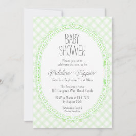 017 Moss Vintage Spetsram Gingham Baby Shower-inbj Inbjudningar