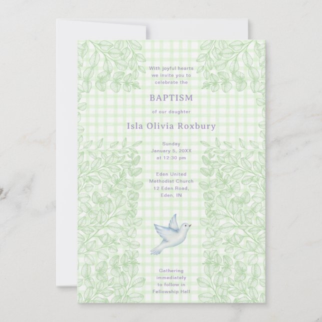 017 Mossduva Botanisk Kors Gingham Dop Inbjudningar (Framsida)