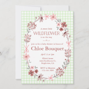 017 Mossgrön vildblomma båge rutig baby shower Inbjudningar