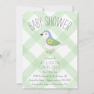018 Gräs Söt Blommig Fågel Rutig Baby Shower Inbjudningar