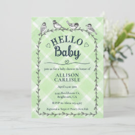 018 Gräs Vattenfärg Rutigt Fåglar Baby Shower Inbjudningar