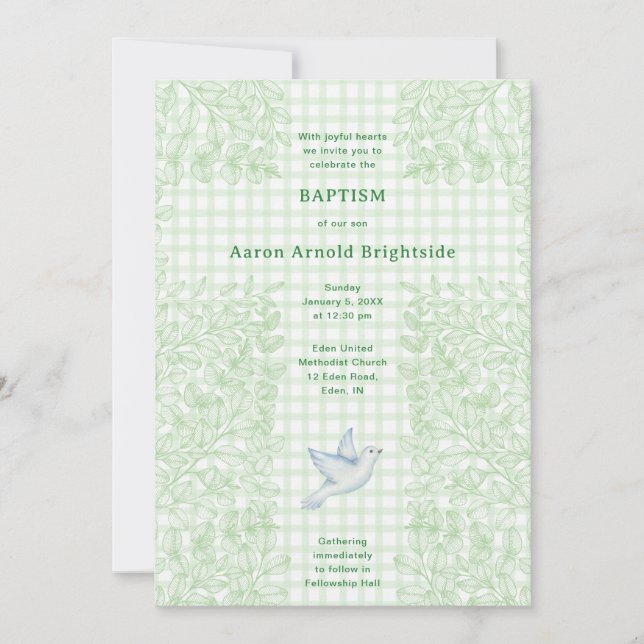 018 Gräsduva Botanisk Kors Gingham Dop Inbjudningar (Framsida)