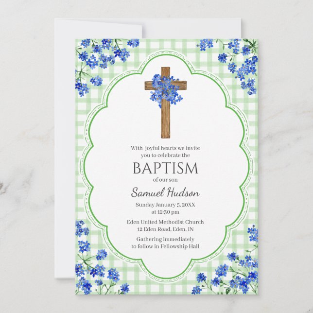018 Grass Blossom Rustic Cross Design Baptism Inbjudningar (Framsida)