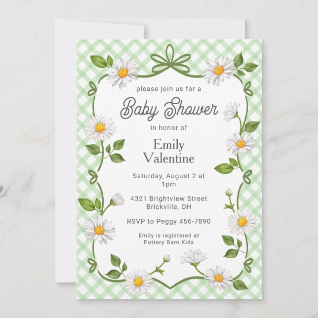 018 Grass Green Floral Daisy Plaid Baby Shower Inbjudningar (Framsida)