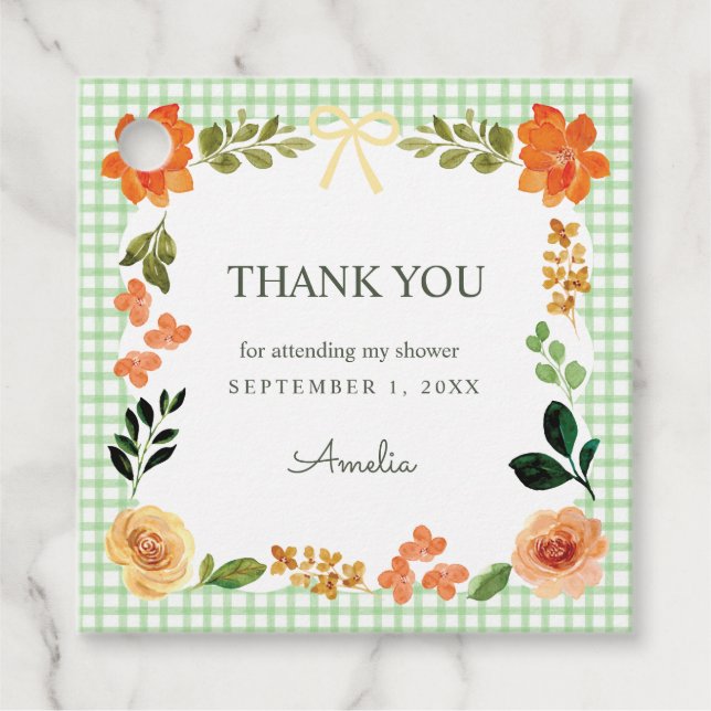 018 Grass Green Floral Gingham Baby Shower Gåvor Etiketter (Framsida)