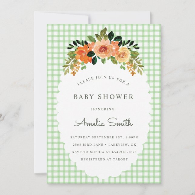 018 Grass Green Gingham Baby Shower Invitations Inbjudningar (Framsida)