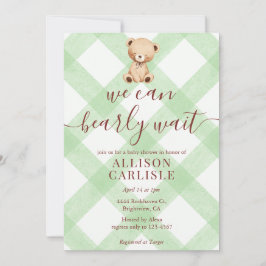 018 Grass Green Teddy Bear Gingham Baby Shower Inbjudningar