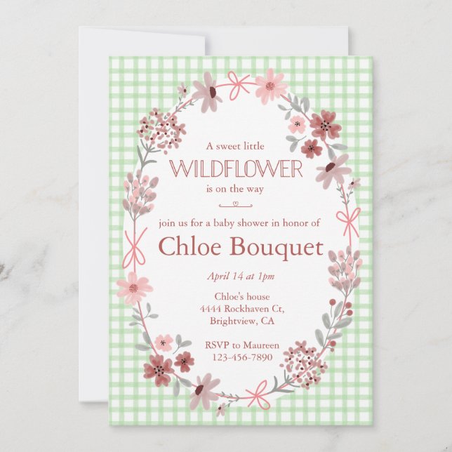 018 Grass Green Wildflower Bow Gingham Baby Shower Inbjudningar (Framsida)