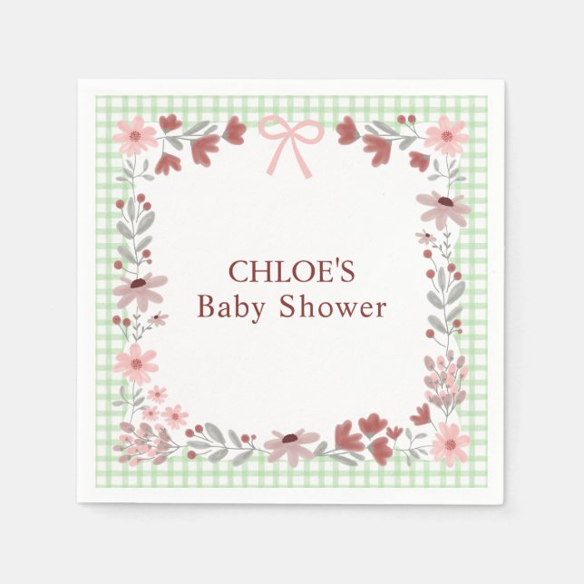018 Grass Green Wildflower Bow Gingham Shower Pappersservett (Framsidan)