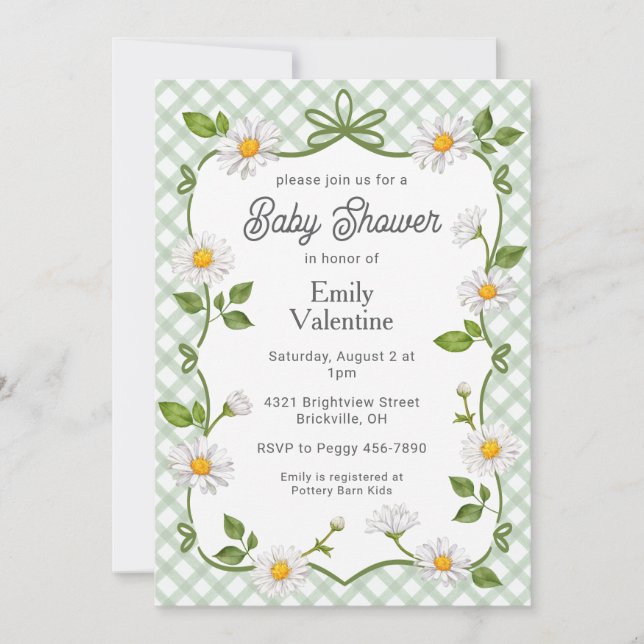 019 Forest Green Floral Daisy Plaid Baby Shower Inbjudningar (Framsida)