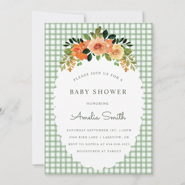 019 Forest Green Gingham Baby Shower Invitations Inbjudningar (Framsida)