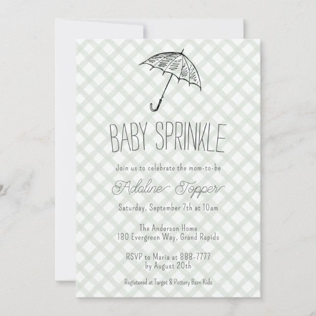 019 Skoggrön paraply Gingham Baby Sprinkle Inbjudningar (Framsida)