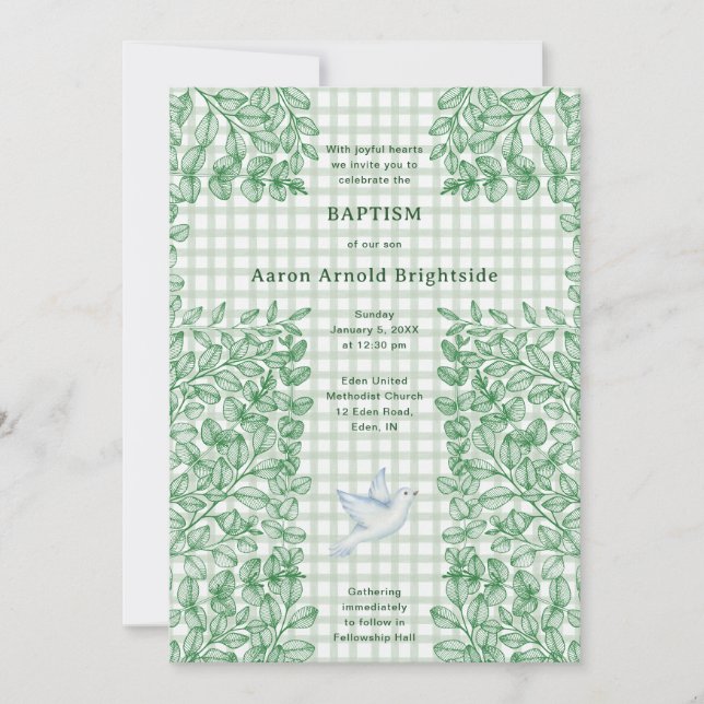 019 Skogsduva Botanisk Kors Gingham Dop Inbjudningar (Framsida)
