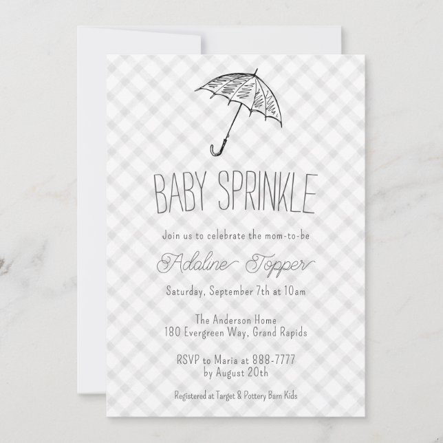 020 Dimgrå Modern Paraply Gingham Baby Sprinkle Inbjudningar (Framsida)